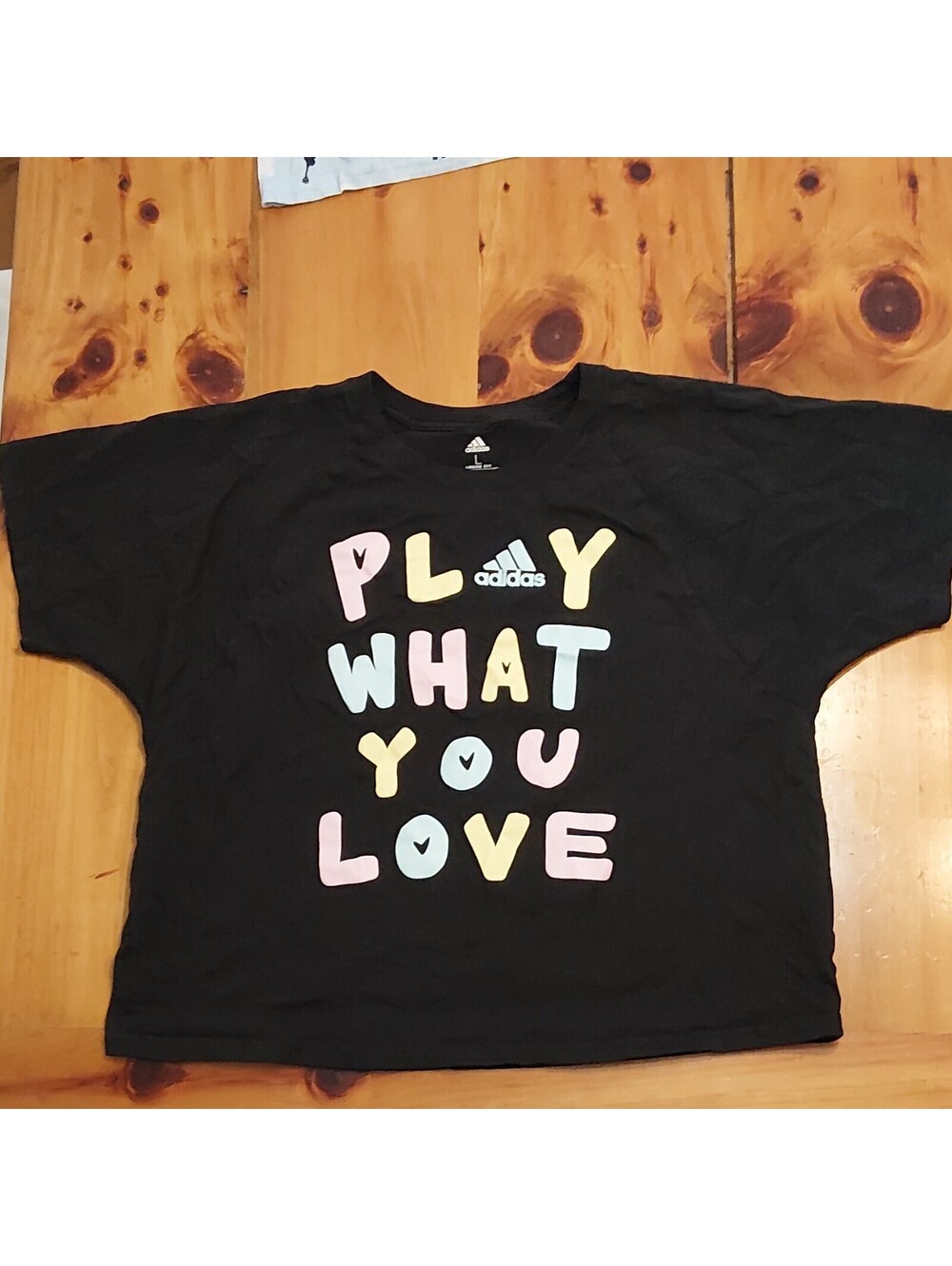 adidas Loose Fit Graphic Print Crew Neck Girl's Black T-Shirt L Short Sleeve